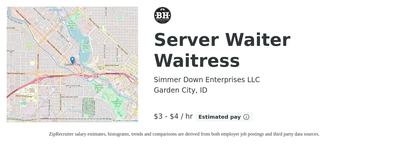 Simmer Down Enterprises LLC job posting for a Server Waiter Waitress in Garden City, ID with a salary of $3 to $5 Hourly with a map of Garden City location.