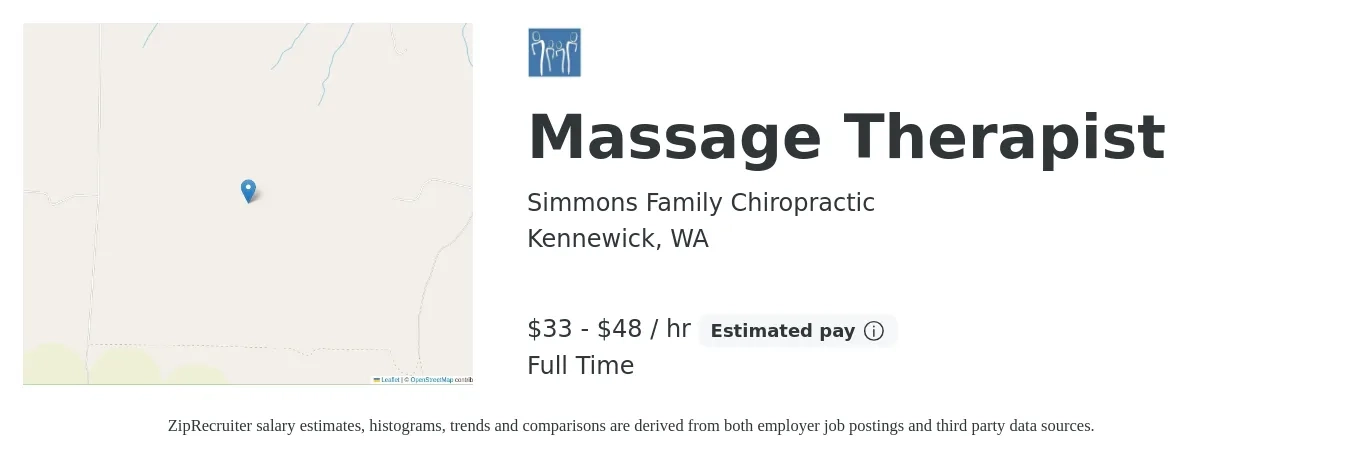 Simmons Family Chiropractic job posting for a Massage Therapist in Kennewick, WA with a salary of $35 to $50 Hourly and benefits including pto, and retirement with a map of Kennewick location.