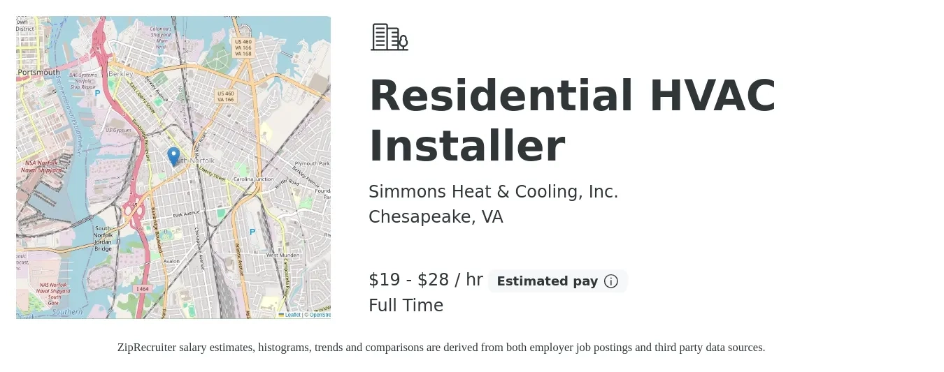 Simmons Heat & Cooling, Inc. job posting for a Residential HVAC Installer in Chesapeake, VA with a salary of $20 to $30 Hourly with a map of Chesapeake location.