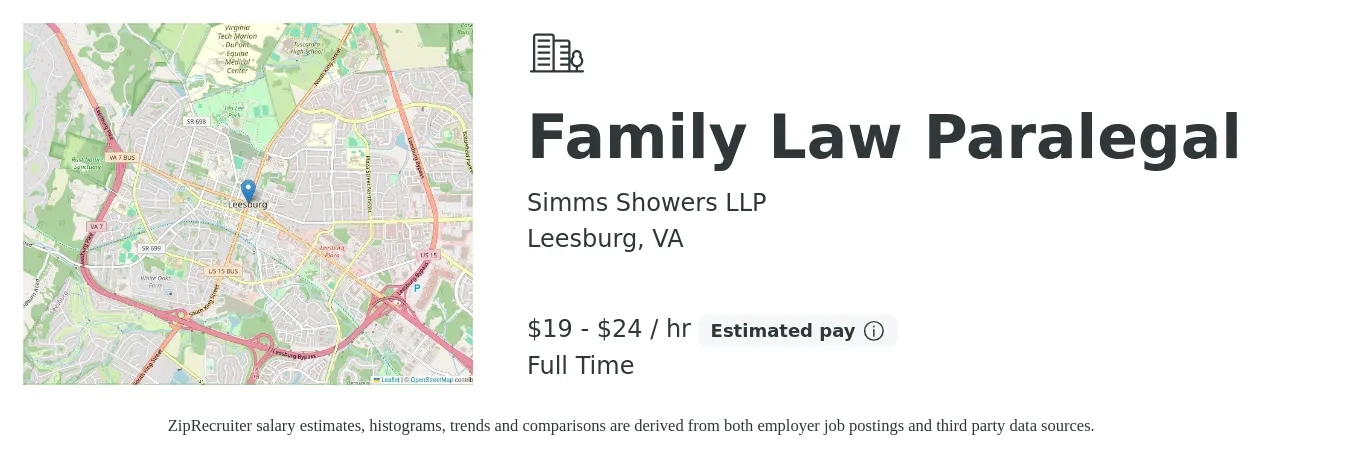 Simms Showers LLP job posting for a Family Law Paralegal in Leesburg, VA with a salary of $20 to $25 Hourly with a map of Leesburg location.