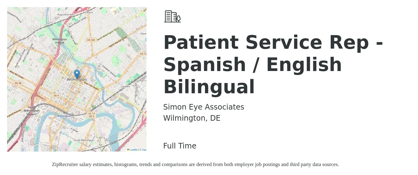 Simon Eye Associates job posting for a Patient Service Rep - Spanish / English Bilingual in Wilmington, DE with a salary of $17 to $22 Hourly with a map of Wilmington location.
