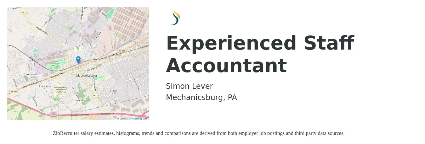 Simon Lever job posting for a Experienced Staff Accountant in Mechanicsburg, PA with a salary of $52,100 to $68,700 Yearly with a map of Mechanicsburg location.