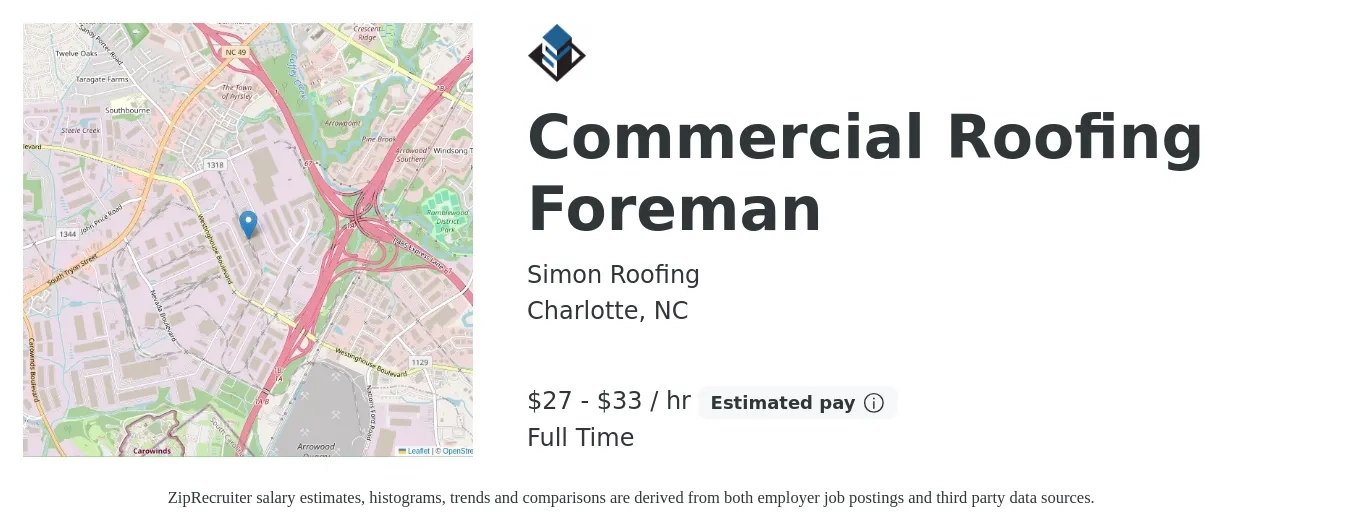 Simon Roofing job posting for a Commercial Roofing Foreman in Charlotte, NC with a salary of $29 to $35 Hourly with a map of Charlotte location.