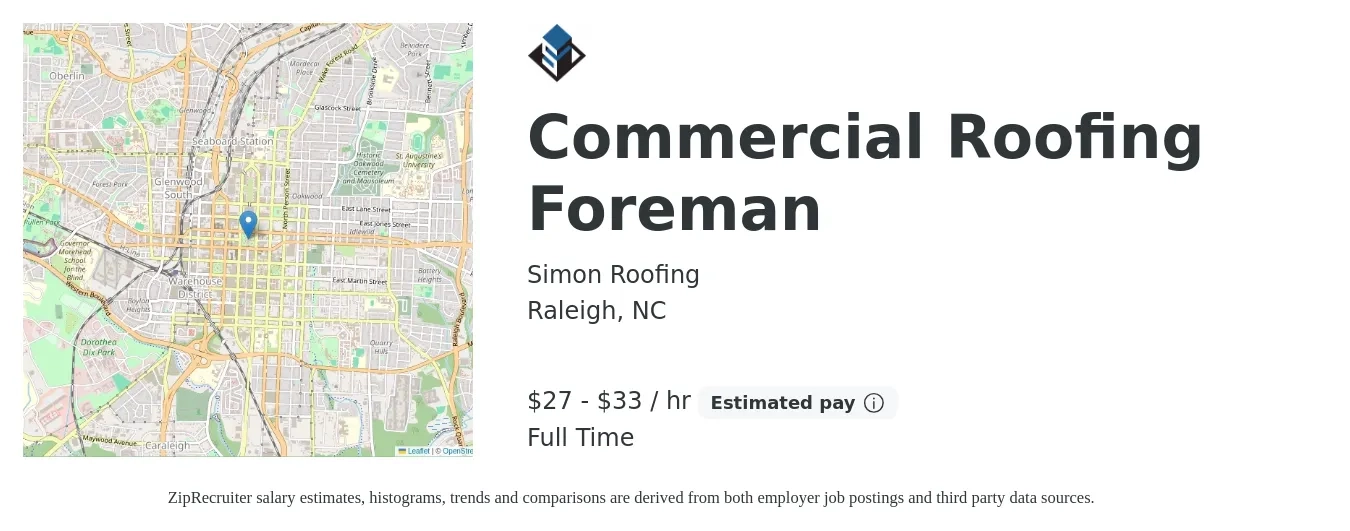 Simon Roofing job posting for a Commercial Roofing Foreman in Raleigh, NC with a salary of $29 to $35 Hourly with a map of Raleigh location.
