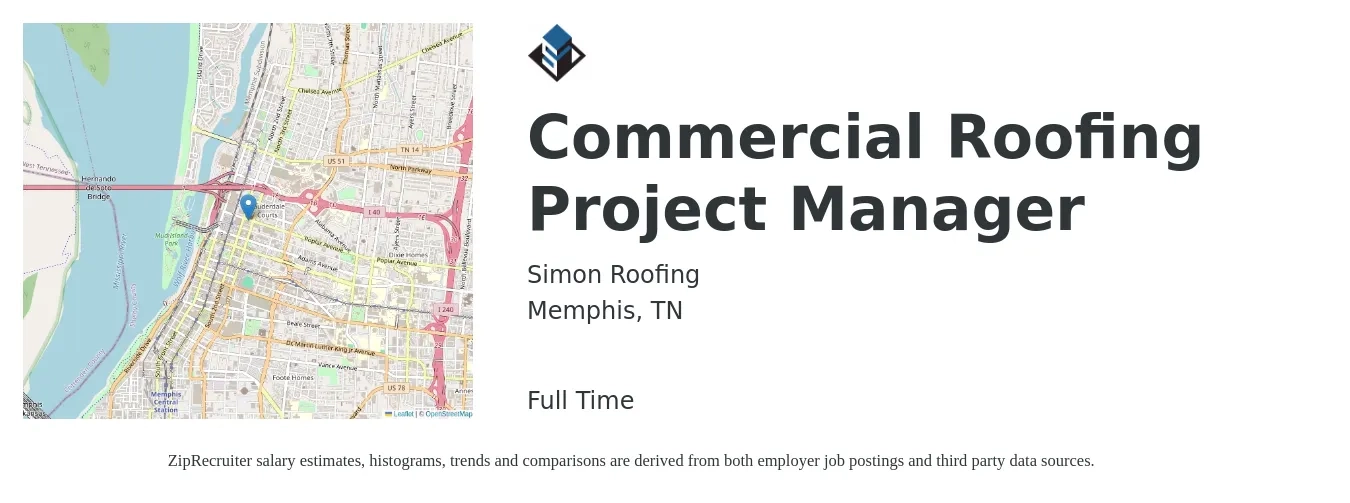 Simon Roofing job posting for a Commercial Roofing Project Manager in Memphis, TN with a salary of $32 to $42 Yearly with a map of Memphis location.