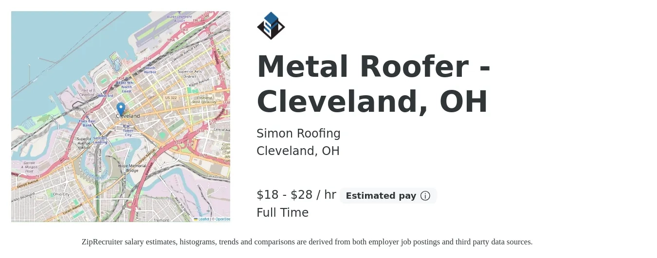Simon Roofing job posting for a Metal Roofer - Cleveland, OH in Cleveland, OH with a salary of $19 to $30 Hourly with a map of Cleveland location.