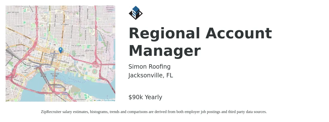 Simon Roofing job posting for a Regional Account Manager in Jacksonville, FL with a salary of $60,000 Yearly with a map of Jacksonville location.