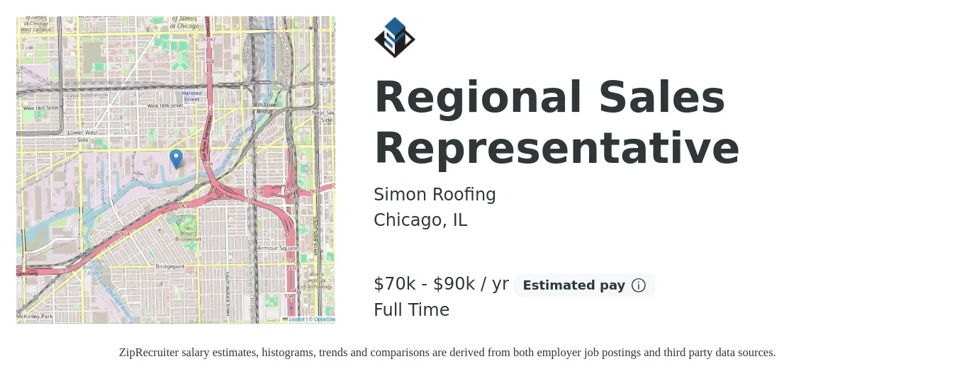 Simon Roofing job posting for a Regional Sales Representative in Chicago, IL with a salary of $70,000 to $90,000 Yearly with a map of Chicago location.