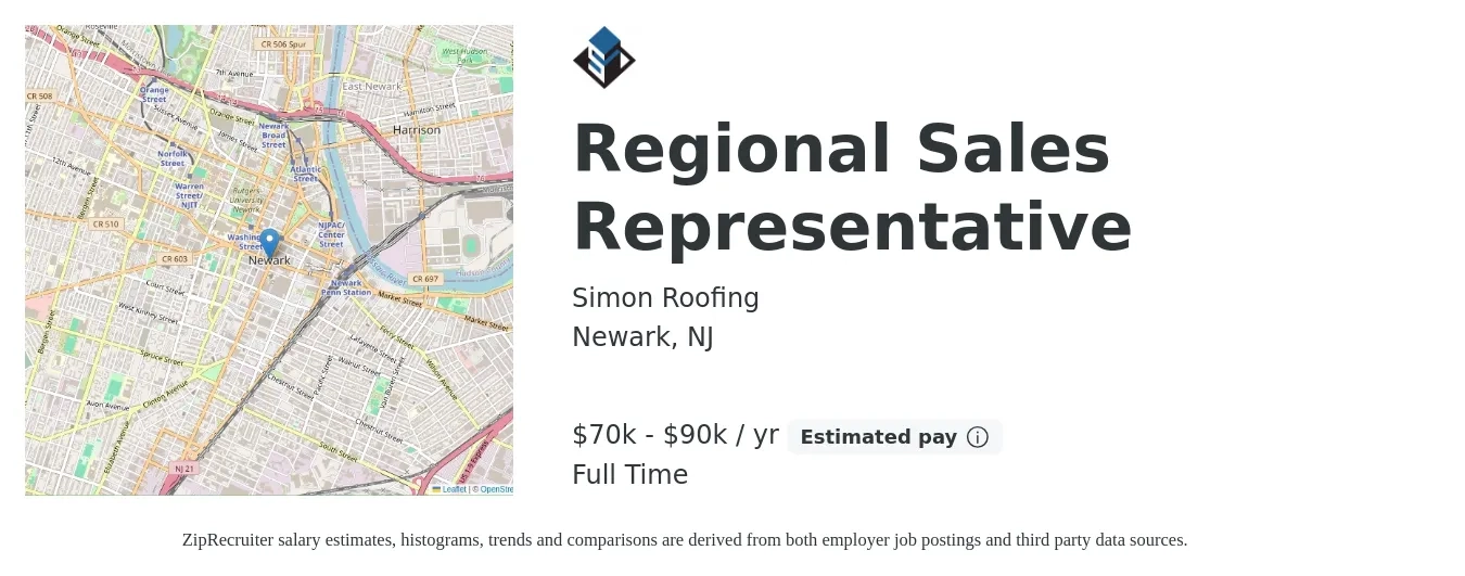 Simon Roofing job posting for a Regional Sales Representative in Newark, NJ with a salary of $70,000 to $90,000 Yearly with a map of Newark location.