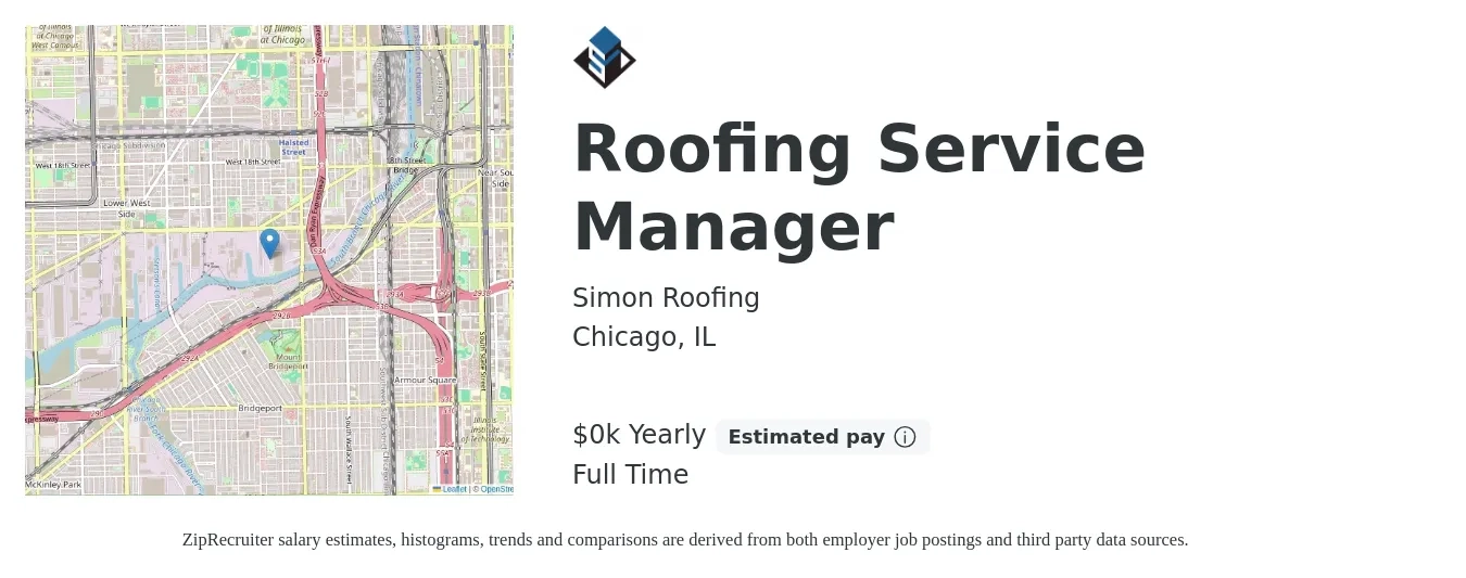 Simon Roofing job posting for a Roofing Service Manager in Chicago, IL with a salary of $85,000 Yearly with a map of Chicago location.