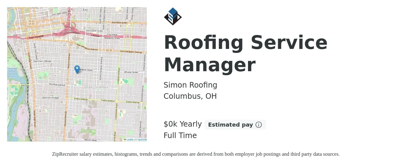 Simon Roofing job posting for a Roofing Service Manager in Columbus, OH with a salary of $26 to $32 Yearly with a map of Columbus location.