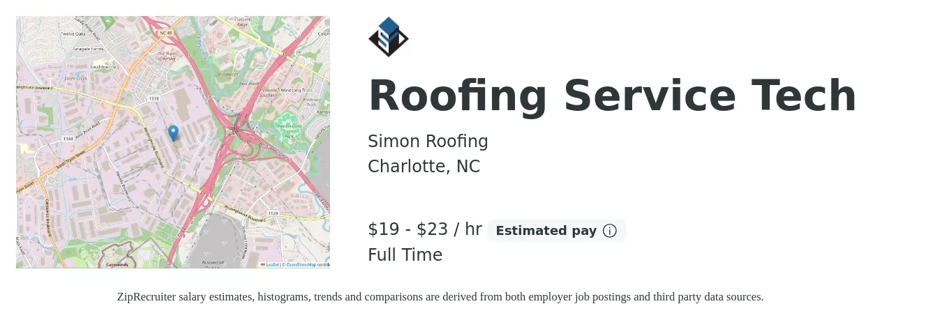 Simon Roofing job posting for a Roofing Service Tech in Charlotte, NC with a salary of $20 to $24 Hourly with a map of Charlotte location.