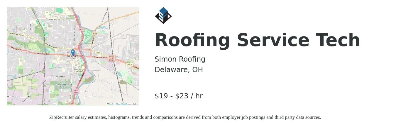 Simon Roofing job posting for a Roofing Service Tech in Delaware, OH with a salary of $20 to $24 Hourly with a map of Delaware location.