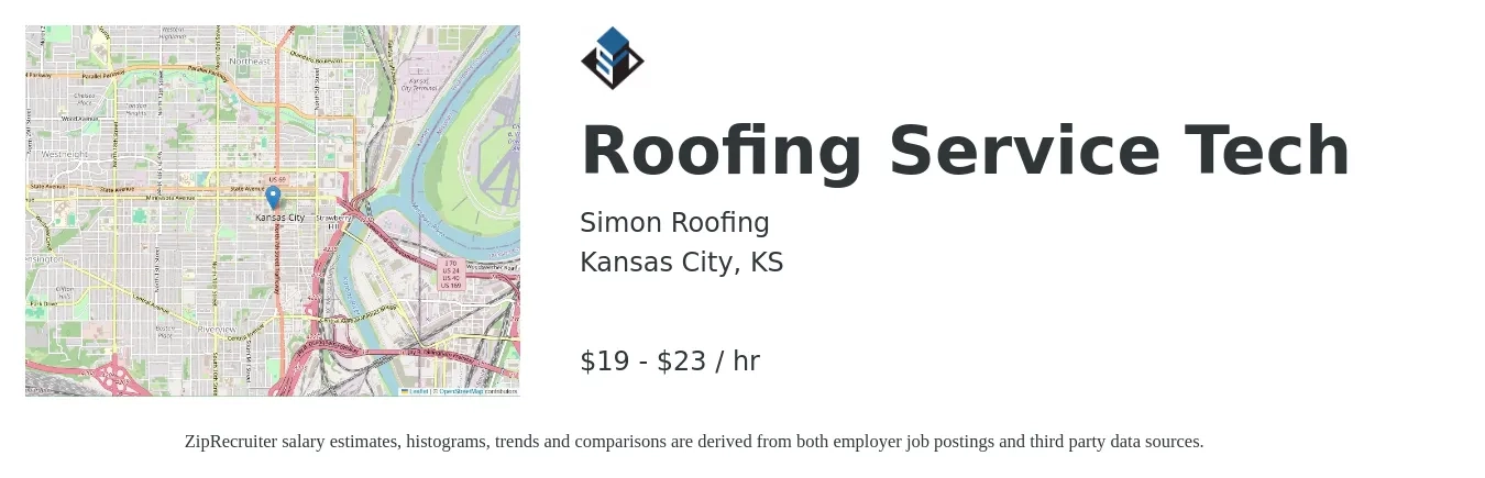 Simon Roofing job posting for a Roofing Service Tech in Kansas City, KS with a salary of $20 to $24 Hourly with a map of Kansas City location.