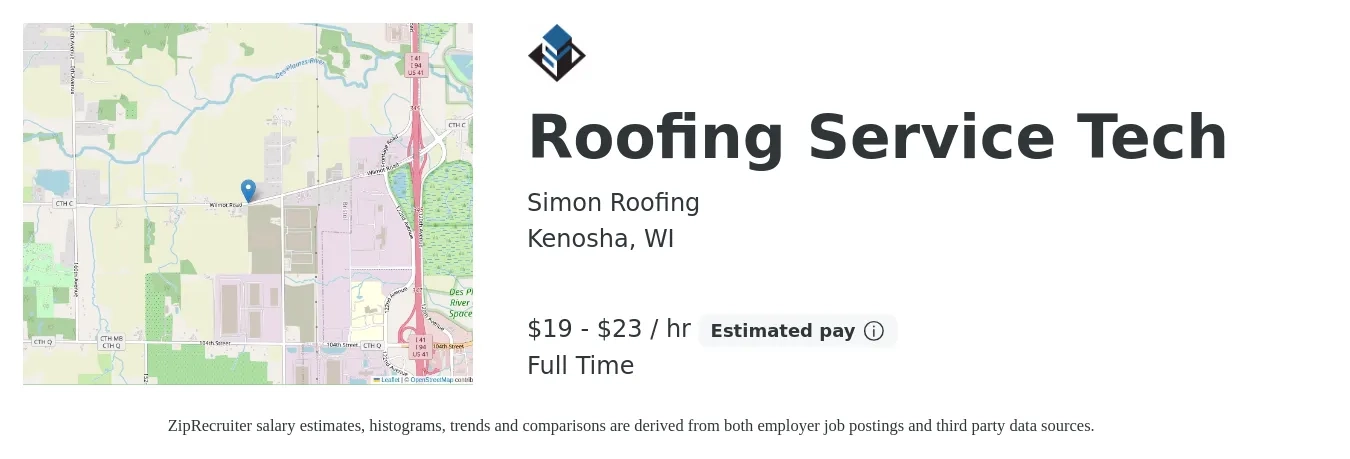 Simon Roofing job posting for a Roofing Service Tech in Kenosha, WI with a salary of $20 to $24 Hourly with a map of Kenosha location.