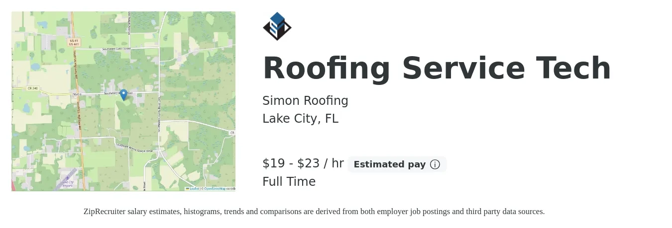 Simon Roofing job posting for a Roofing Service Tech in Lake City, FL with a salary of $20 to $24 Hourly with a map of Lake City location.