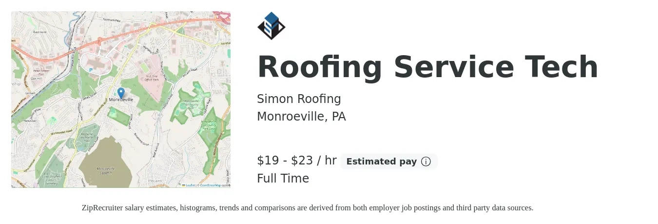 Simon Roofing job posting for a Roofing Service Tech in Monroeville, PA with a salary of $20 to $24 Hourly with a map of Monroeville location.