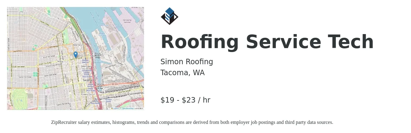 Simon Roofing job posting for a Roofing Service Tech in Tacoma, WA with a salary of $20 to $24 Hourly with a map of Tacoma location.