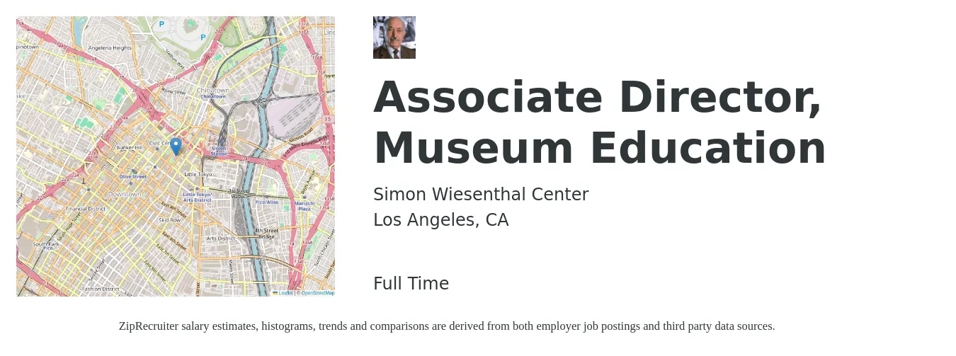 Simon Wiesenthal Center job posting for a Associate Director, Museum Education in Los Angeles, CA with a salary of $75,400 to $151,900 Yearly with a map of Los Angeles location.