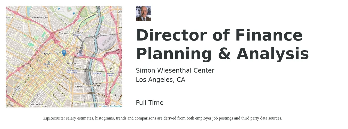 Simon Wiesenthal Center job posting for a Director of Finance Planning & Analysis in Los Angeles, CA with a salary of $108,300 to $164,900 Yearly with a map of Los Angeles location.