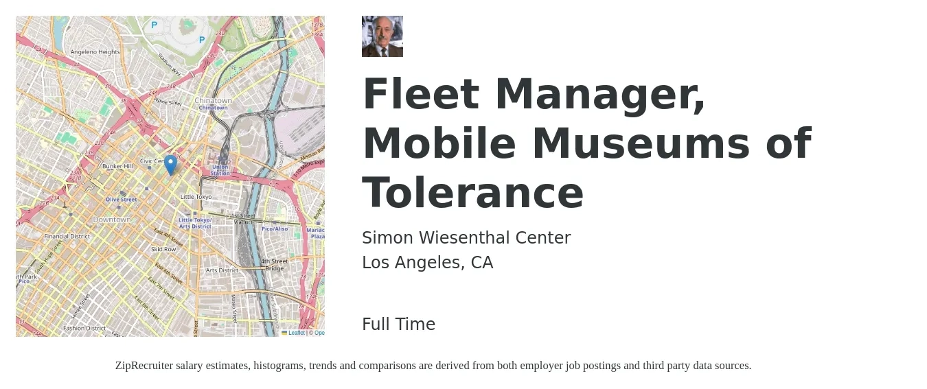 Simon Wiesenthal Center job posting for a Fleet Manager, Mobile Museums of Tolerance in Los Angeles, CA with a salary of $75,000 to $90,000 Yearly with a map of Los Angeles location.
