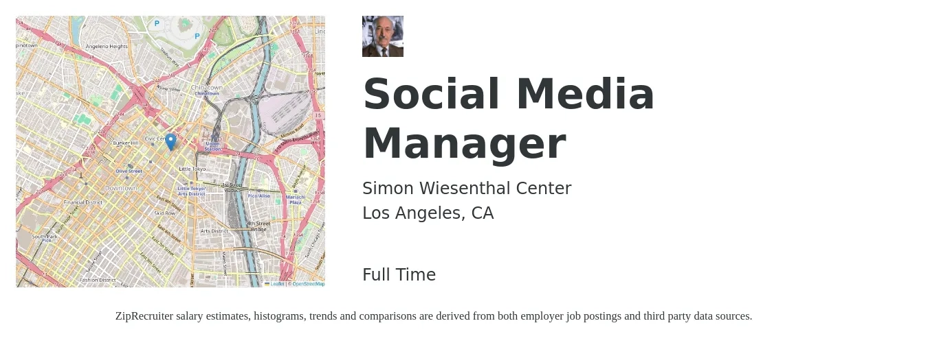 Simon Wiesenthal Center job posting for a Social Media Manager in Los Angeles, CA with a salary of $65,000 to $75,000 Yearly with a map of Los Angeles location.