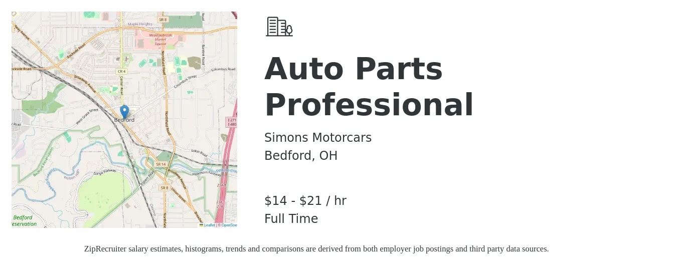 Simons Motorcars job posting for a Auto Parts Professional in Bedford, OH with a salary of $15 to $22 Hourly with a map of Bedford location.
