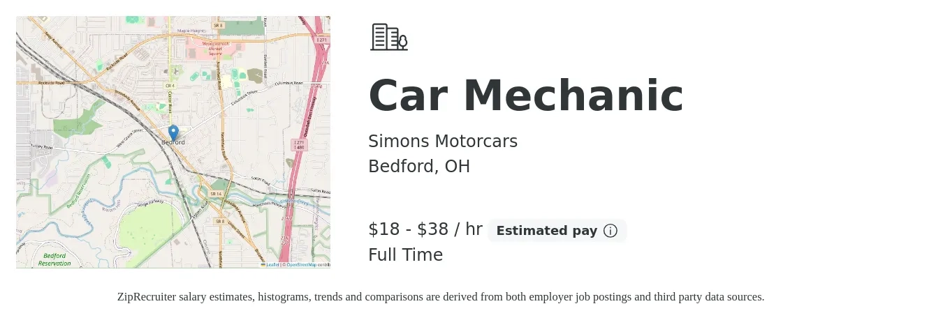 Simons Motorcars job posting for a Car Mechanic in Bedford, OH with a salary of $19 to $40 Hourly with a map of Bedford location.