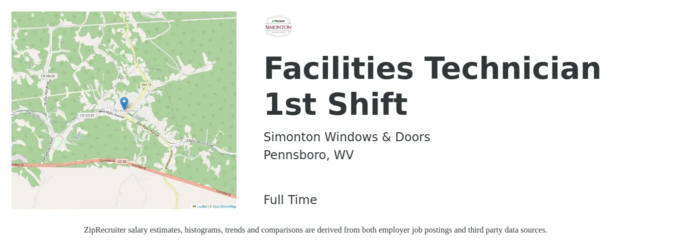 Simonton Windows & Doors job posting for a Facilities Technician 1st Shift in Pennsboro, WV with a salary of $20 to $22 Hourly with a map of Pennsboro location.