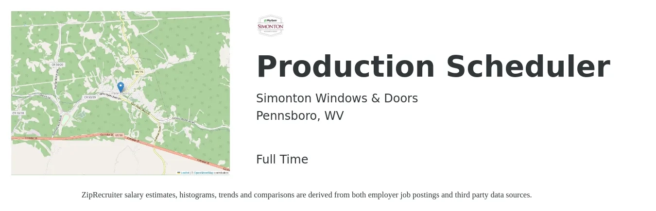 Simonton Windows & Doors job posting for a Production Scheduler in Pennsboro, WV with a salary of $20 Hourly with a map of Pennsboro location.