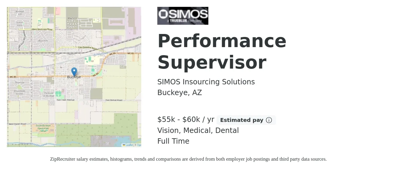 SIMOS Insourcing Solutions job posting for a Performance Supervisor in Buckeye, AZ with a salary of $55,000 to $60,000 Yearly and benefits including dental, life_insurance, medical, pto, retirement, and vision with a map of Buckeye location.