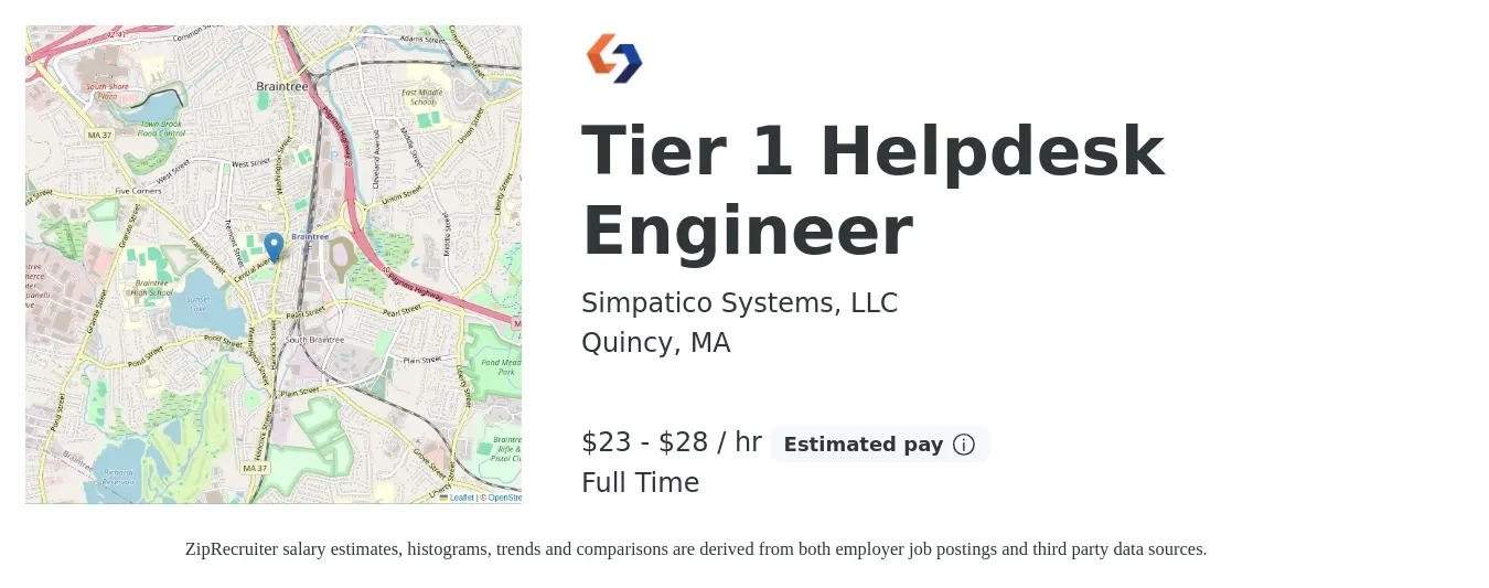 Simpatico Systems, LLC job posting for a Tier 1 Helpdesk Engineer in Quincy, MA with a salary of $24 to $30 Hourly with a map of Quincy location.