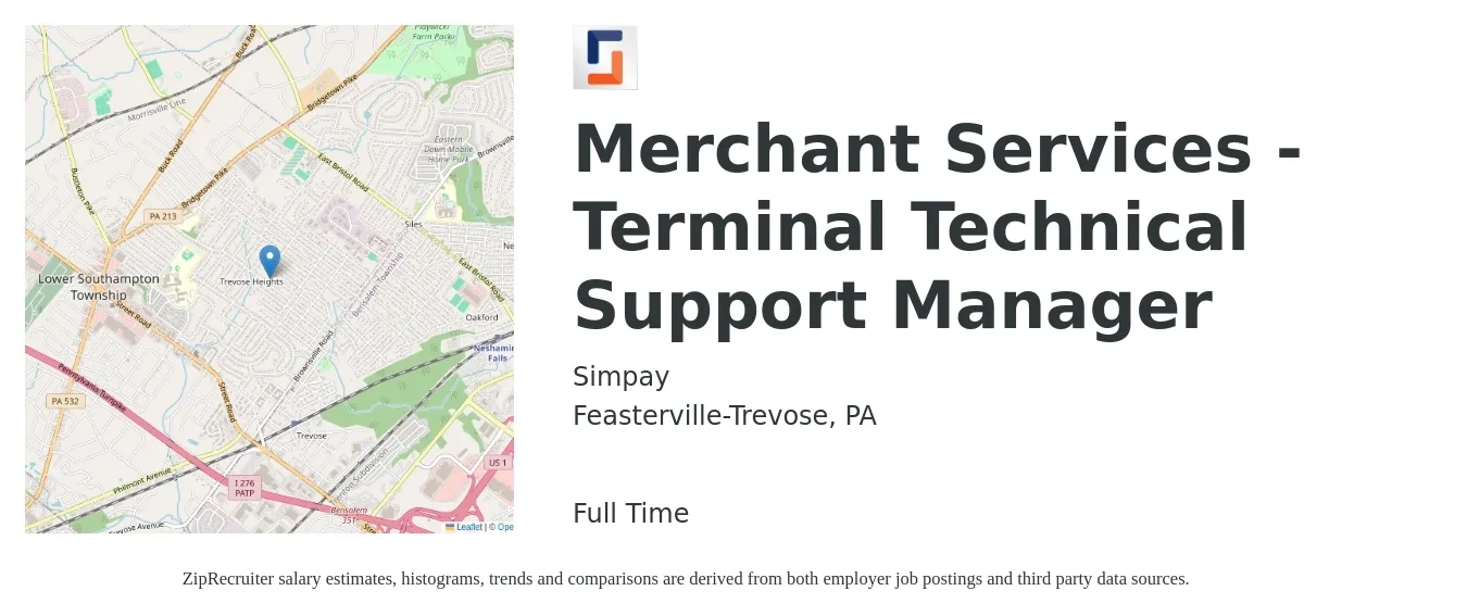 Simpay job posting for a Merchant Services - Terminal Technical Support Manager in Feasterville-Trevose, PA with a salary of $61,200 to $97,800 Yearly with a map of Feasterville-Trevose location.