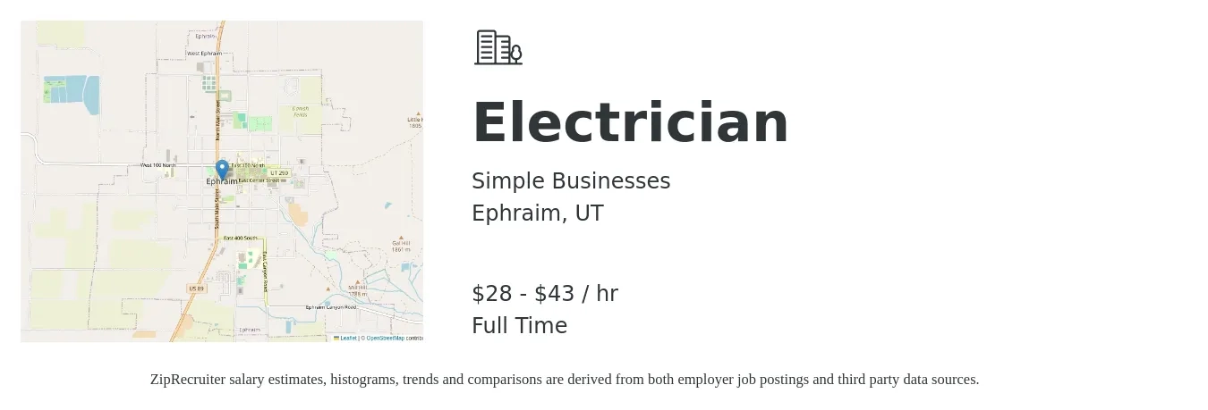 Simple Businesses job posting for a Electrician in Ephraim, UT with a salary of $30 to $45 Hourly with a map of Ephraim location.