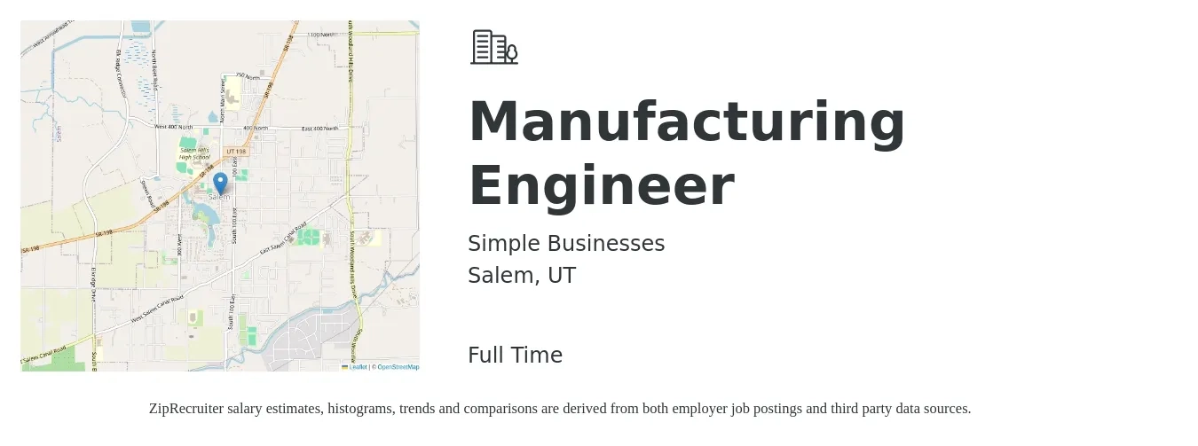 Simple Businesses job posting for a Manufacturing Engineer in Salem, UT with a salary of $66,000 to $85,000 Yearly with a map of Salem location.
