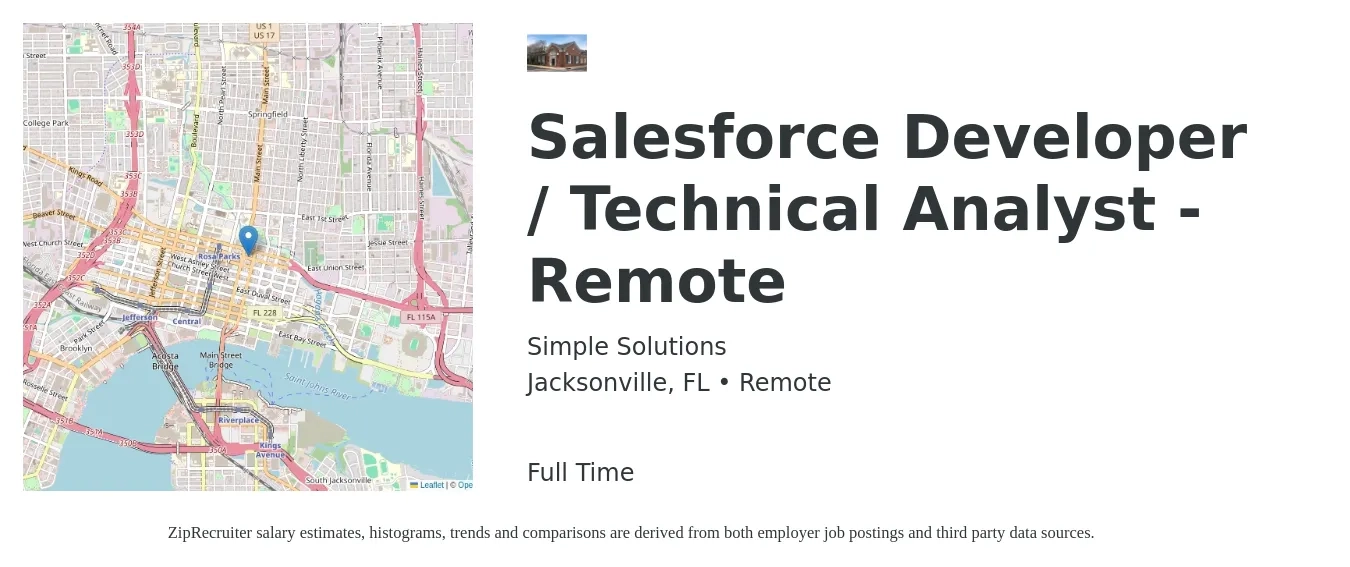Simple Solutions job posting for a Salesforce Developer / Technical Analyst - Remote in Jacksonville, FL with a salary of $47 to $65 Hourly with a map of Jacksonville location.