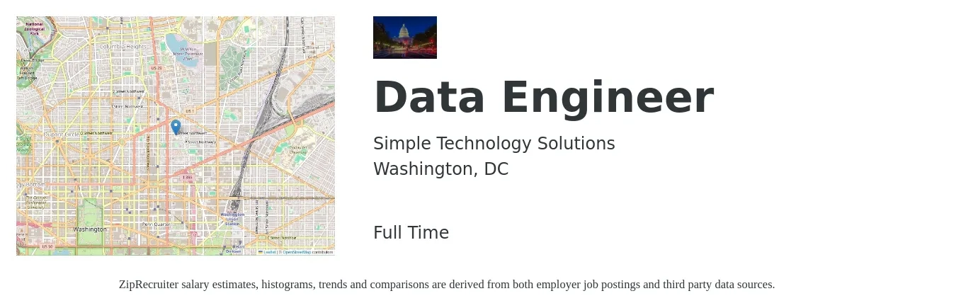 Simple Technology Solutions job posting for a Data Engineer in Washington, DC with a salary of $129,700 to $155,700 Yearly with a map of Washington location.