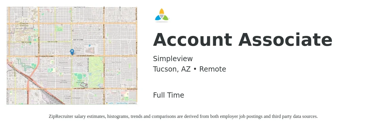 Simpleview job posting for a Account Associate in Tucson, AZ with a salary of $40,800 to $55,400 Yearly with a map of Tucson location.