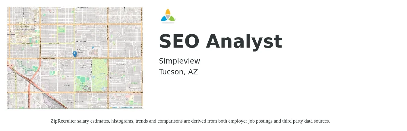 Simpleview job posting for a SEO Analyst in Tucson, AZ with a salary of $23 to $48 Hourly with a map of Tucson location.