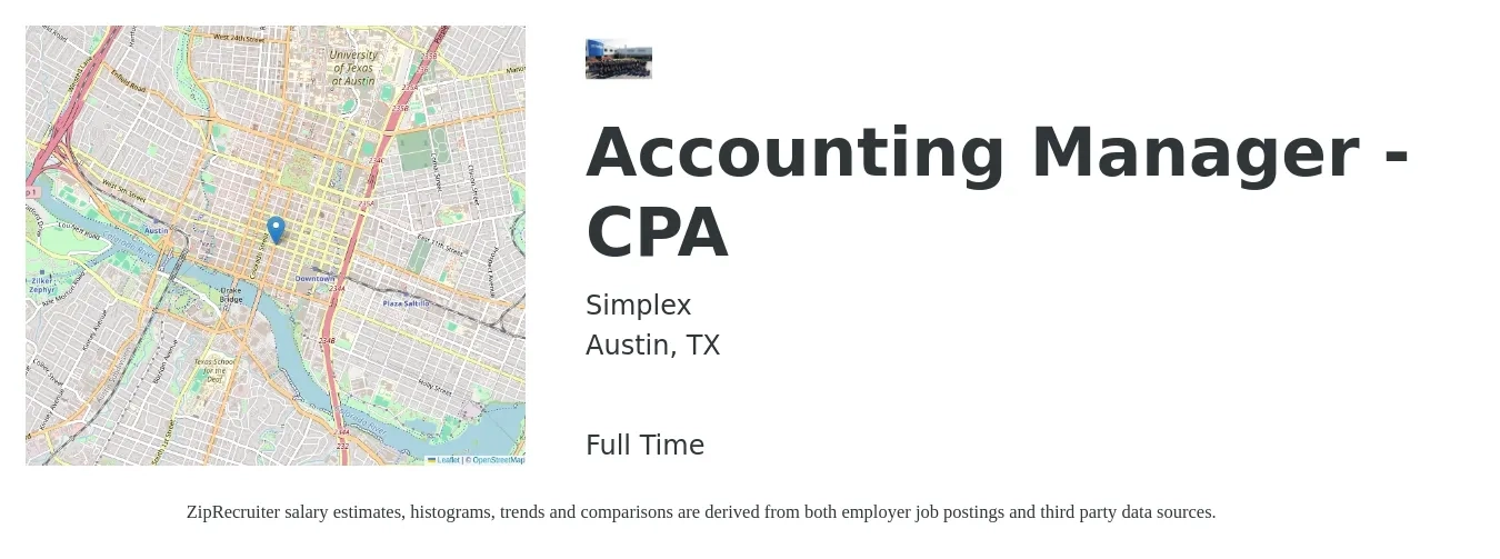 Simplex job posting for a Accounting Manager - CPA in Austin, TX with a salary of $120,000 to $130,000 Yearly with a map of Austin location.