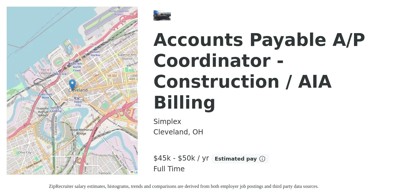 Simplex job posting for a Accounts Payable A/P Coordinator - Construction / AIA Billing in Cleveland, OH with a salary of $20 to $26 Hourly with a map of Cleveland location.