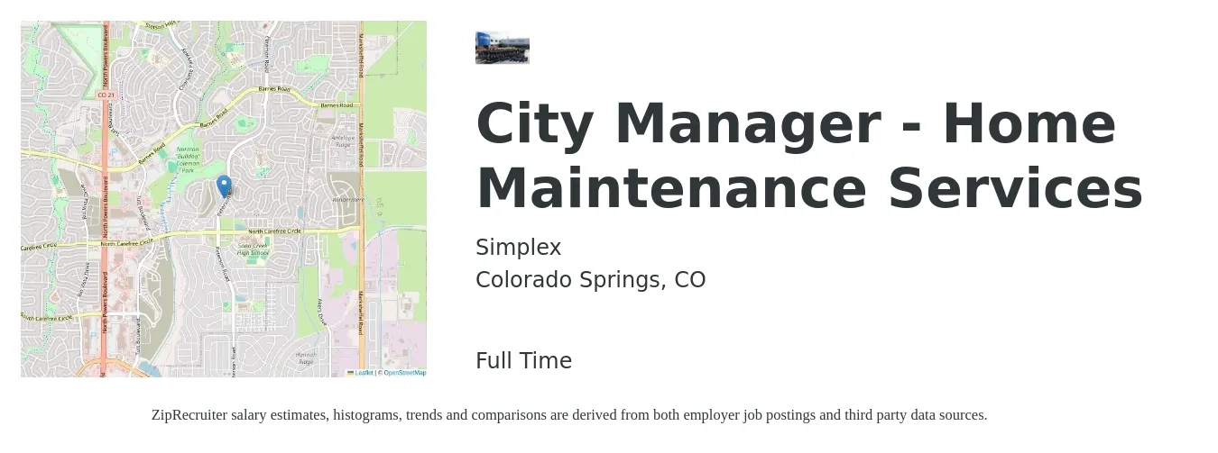 Simplex job posting for a City Manager - Home Maintenance Services in Colorado Springs, CO with a salary of $24 to $39 Hourly with a map of Colorado Springs location.