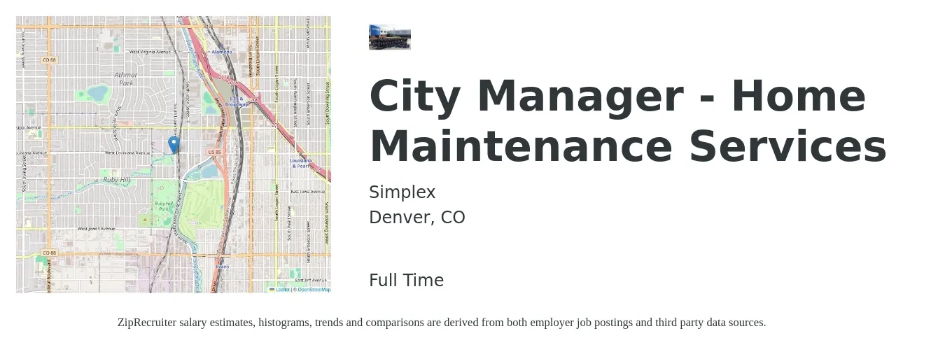 Simplex job posting for a City Manager - Home Maintenance Services in Denver, CO with a salary of $25 to $41 Hourly with a map of Denver location.