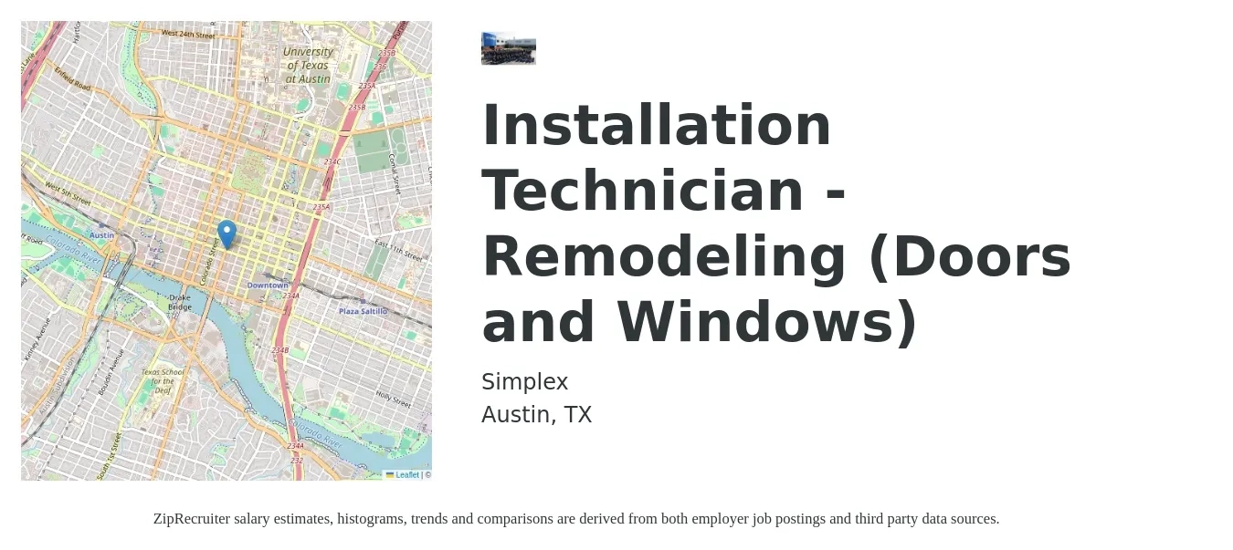 Simplex job posting for a Installation Technician - Remodeling (Doors and Windows) in Austin, TX with a salary of $20 to $27 Hourly with a map of Austin location.