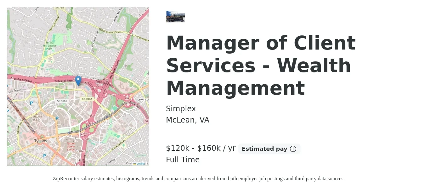 Simplex job posting for a Manager of Client Services - Wealth Management in McLean, VA with a salary of $120,000 to $160,000 Yearly with a map of McLean location.