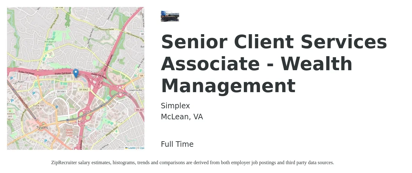 Simplex job posting for a Senior Client Services Associate - Wealth Management in McLean, VA with a salary of $85,000 to $95,000 Yearly with a map of McLean location.