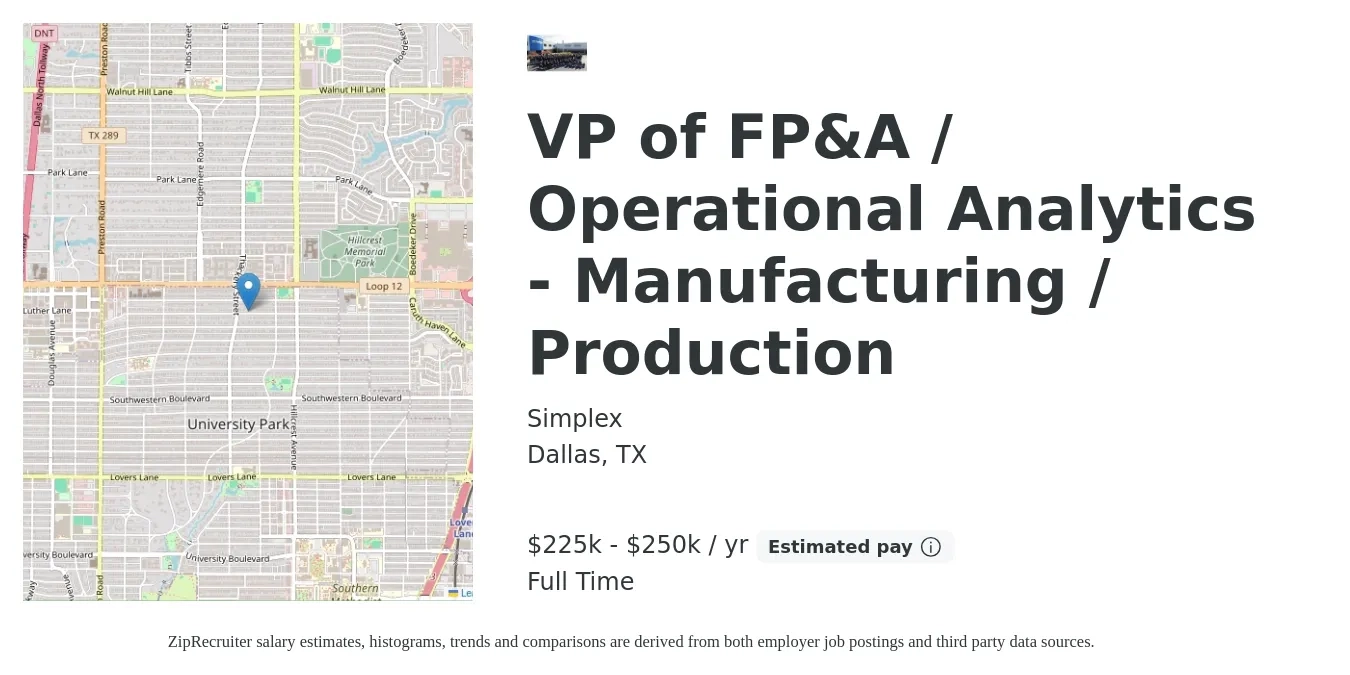 Simplex job posting for a VP of FP&A / Operational Analytics - Manufacturing / Production in Dallas, TX with a salary of $135,000 to $196,400 Yearly with a map of Dallas location.