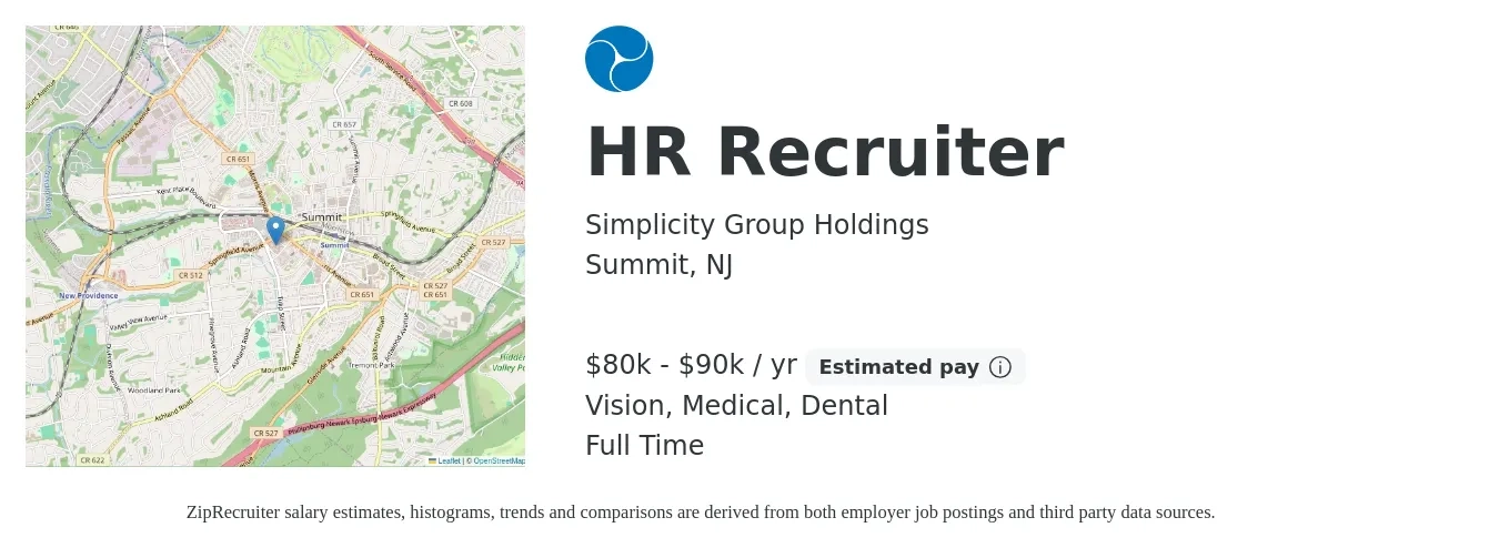 Simplicity Group Holdings job posting for a HR Recruiter in Summit, NJ with a salary of $80,000 to $90,000 Yearly and benefits including medical, pto, retirement, vision, dental, and life_insurance with a map of Summit location.