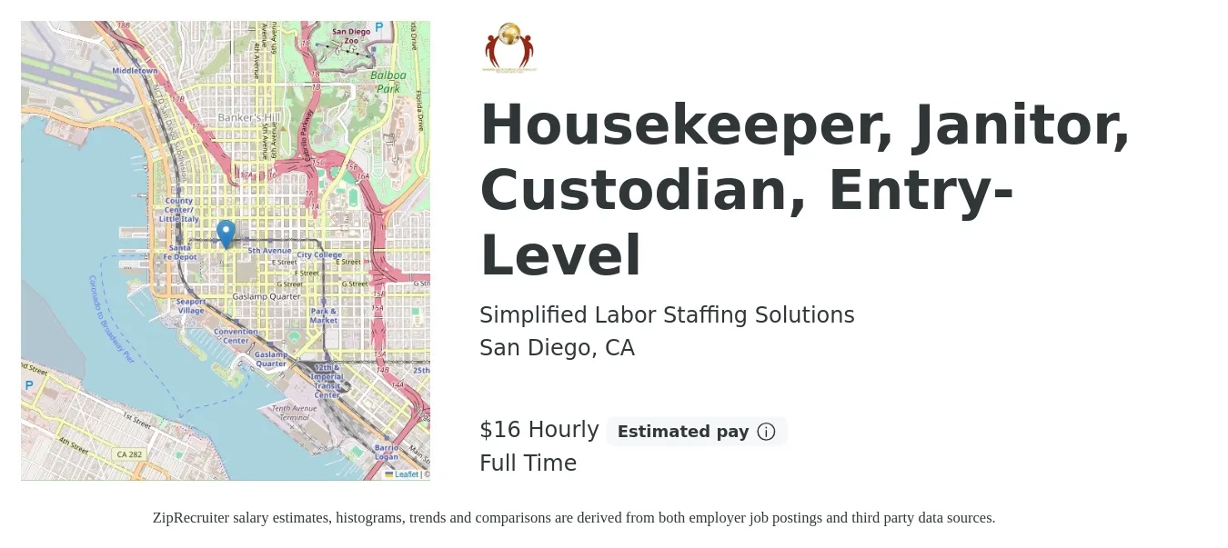 Simplified Labor Staffing Solutions job posting for a Housekeeper, Janitor, Custodian, Entry-Level in San Diego, CA with a salary of $17 Hourly with a map of San Diego location.