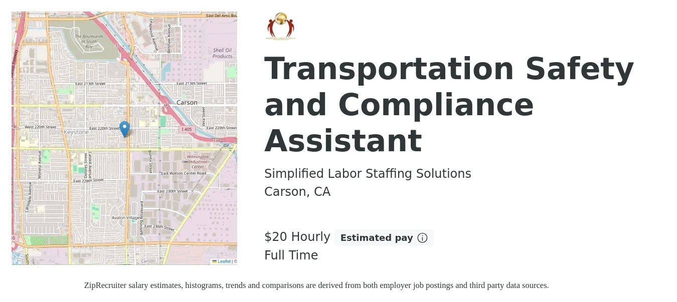 Simplified Labor Staffing Solutions job posting for a Transportation Safety and Compliance Assistant in Carson, CA with a salary of $21 Hourly with a map of Carson location.